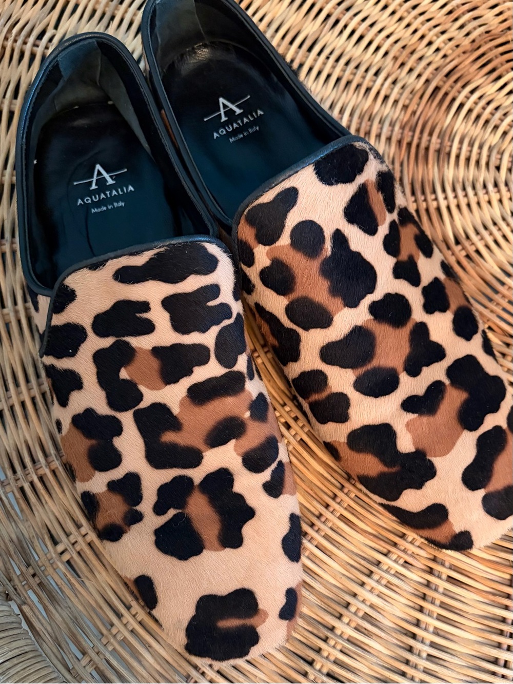 Aquatalia Leopard-Print Slip-On Mules in Tan and Black Sz 8.5